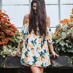 Off the Shoulder Lemon Print Dress
